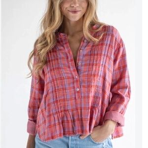 Natural Life Montana Cotton Gauze Top - Pink Lavender Plaid - Women’s Small Boho
